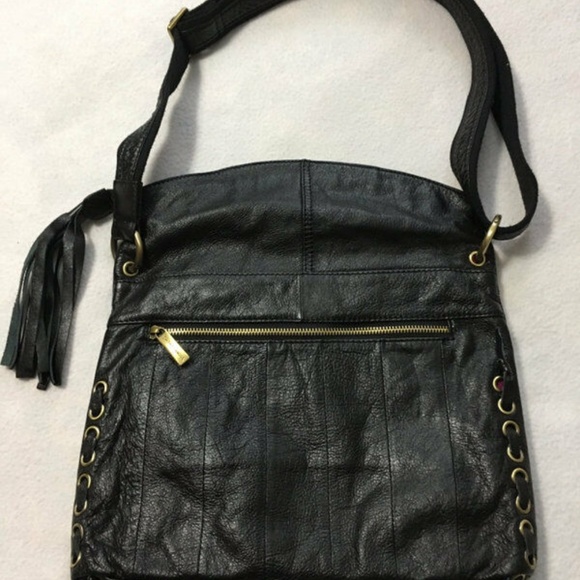 Black Leather Laced Side Foldover Tassel Purse - Picture 5 of 8